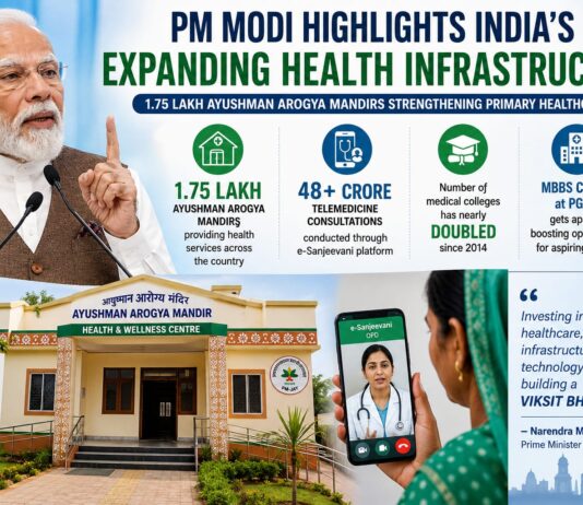 PM Modi Highlights India’s Expanding Health Infrastructure, Says 1.75 Lakh Ayushman Arogya Mandirs Strengthening Primary Healthcare India Strengthens Healthcare Network with Ayushman Arogya Mandirs, Telemedicine and Medical Education Push,